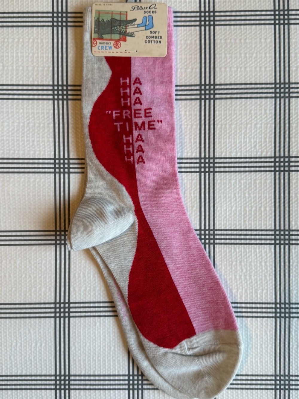 Blue Q Pink, Red & Gray Crew Socks with Playful Text